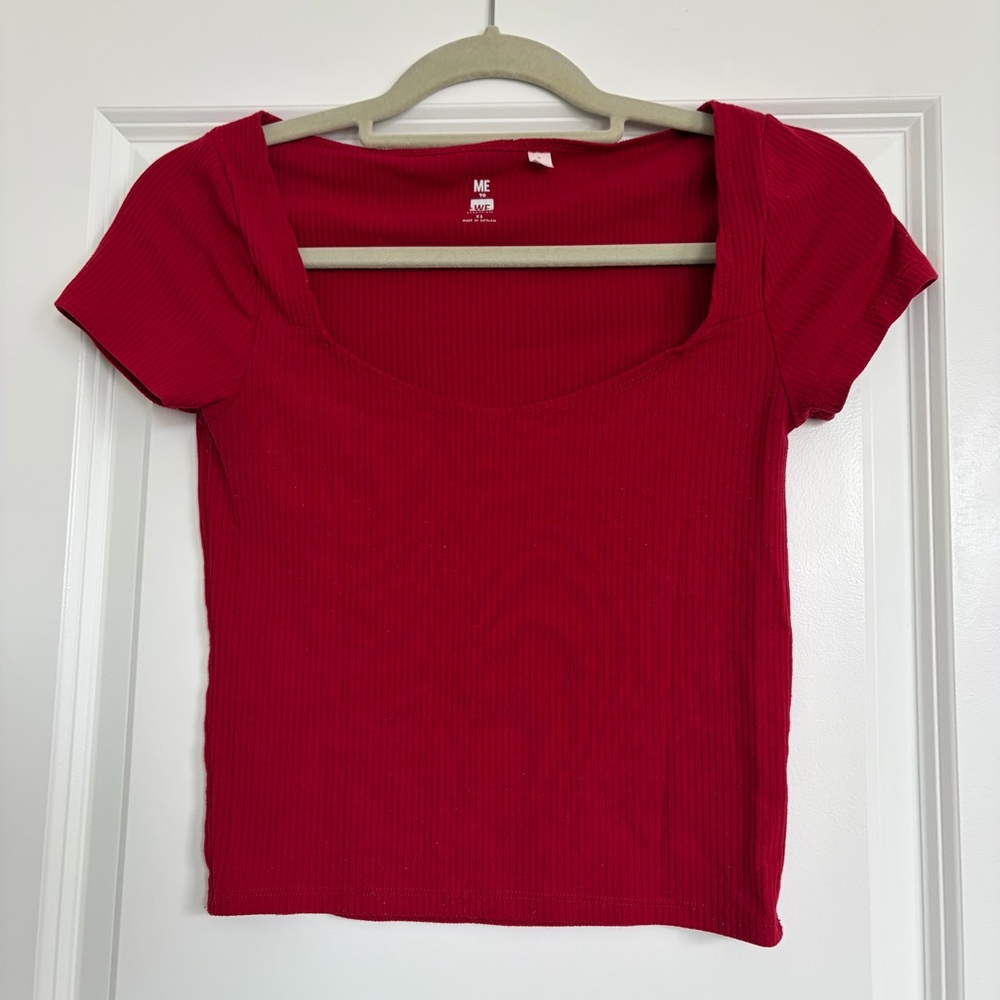 Square Neck Ribbed Red Women's Top